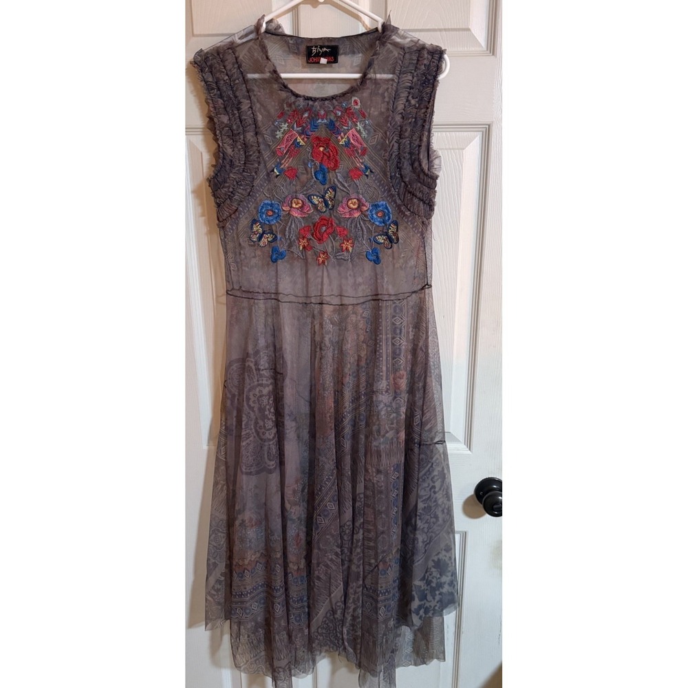 biya johnny was embroidered mesh dress Medium gray floral sheer midi - Picture 1 of 4